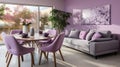 a living room filled with furniture and a large window Modern interior Dining Area with Lavender