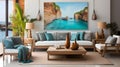 a living room filled with furniture and a painting on the wall Mediterranean interior Master Bedroom