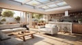 A living room filled with furniture and a skylight