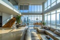 A Living Room Filled With Furniture and Tall Windows, An upscale penthouse with a panoramic city view, AI Generated Royalty Free Stock Photo