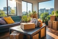 A living room filled with lots of boxes packaging for moving