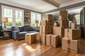 A living room filled with lots of boxes prepared for moving. Moving company organizes transportation