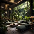 a living room filled with lots of green furniture Modern interior Lounge with Forest Green color Royalty Free Stock Photo