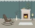 Living room with fireplace, decorated with Christmas decorations