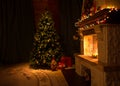 Living room with fireplace and decorated Christmas tree