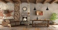 Living room with fireplace in rustic style Royalty Free Stock Photo