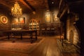 Living room with fireplace and wooden furniture in printing museum of Plantin-Moretus, UNESCO World Heritage Site Royalty Free Stock Photo