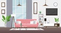 Living room flat vector illustration. Modern detailed interior design. Room with pink couch, TV, bookshelf. Cozy Royalty Free Stock Photo
