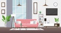 Living room flat vector illustration. Modern detailed interior design. Room with pink couch, TV, bookshelf. Cozy