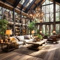 A living room flooded with light panoramic windows lush indoor plants in an eco friendly interior