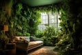 A living room full of greenery and plants, urban green area escape indoors. Mental health wellbeing and close to nature