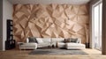 Living Room With Full Wall Geometric Ivory. Generative AI Royalty Free Stock Photo