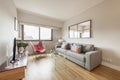 Living room of a furnished apartment with a gray three-seater sofa with a set of mirrors and a window with views