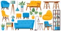 Living room furniture. Cartoon cozy home furniture items, sofa, armchair, table, lamp and couch vector illustration set