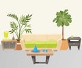 Living room with furniture cartoon vector illustration. Living room with sofa, lamp and home tropical plants in pots