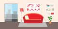 Living room with furniture. Flat style vector interior illustration . Sofa, pillow, lamp, pictures, balcony, flower, shelf. Dayli