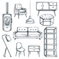 Living room furniture icons. Vector hand drawn sketch illustration. Interior design element. Contemporary home furniture Royalty Free Stock Photo