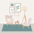 Living room furniture interior flat style. Romantic, gentle style. Lounge zone. Vector armchair, posters, table, floor Royalty Free Stock Photo