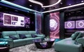 The living room of the future world is modern and has a digital operating system, AI technology system