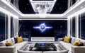 The living room of the future world is modern and has a digital operating system, AI technology system