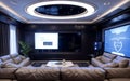 The living room of the future world is modern and has a digital operating system, AI technology system