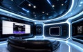 The living room of the future world is modern and has a digital operating system, AI technology system