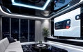 The living room of the future world is modern and has a digital operating system, AI technology system