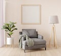 Living room with gray armchair, plant, wooden lamp and empty mock up picture on the wall. 3D render.