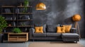 a living room with a gray couch and yellow pillows Farmhouse interior Lounge with Charcoal Gray
