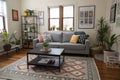 Living room with gray sofa and patterned rug Royalty Free Stock Photo