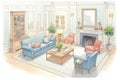 living room in greek revival style mansion, magazine style illustration Royalty Free Stock Photo