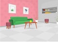 Living room with green sofa, table, and built in shelves / cartoon illustration cozy living room