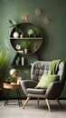 a living room with green walls and furniture Modern interior Lounge with Forest Green color theme Royalty Free Stock Photo