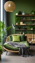 a living room with green walls and a wicker chair Farmhouse interior Master Bedroom with Forest Royalty Free Stock Photo