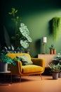 Living room with green walls, yellow chair and potted plants. Generative AI Royalty Free Stock Photo