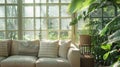 The living room in Greenhouse Getaway is a serene and tranquil space with a sunroom that incorporates frosted glass