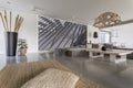 Living room with grey mural