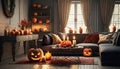 living room with halloween decorations