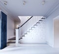 Living room with hallway and stairs to the second floor, lockers under the stairs. white and yellow color of the interior