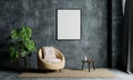 Living room with hanging white isolated empty mockup photo frame on loft wall background. Interior and architecture concept. 3D Royalty Free Stock Photo