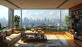 the living room has a view toward the city, in the style of vray tracing, hazy, dreamlike quality. Generative AI