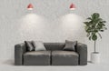 Living room have black leather sofa on white brick wall background minimalist style with red ceiling light and morning sunlight. Royalty Free Stock Photo