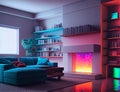 A living room with a holographic fireplace and floating shelves, generative ai illustration Royalty Free Stock Photo