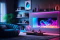 A living room with a holographic fireplace and floating shelves, generative ai illustration Royalty Free Stock Photo