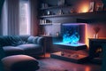 A living room with a holographic fireplace and floating shelves, generative ai illustration Royalty Free Stock Photo