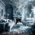 Living room, home interior, extreme cold snap winter, cold frozen and covered with ice