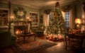 Living room, home interior with Christmas chains, wreath and Christmas tree and gifts. Xmas tree as a symbol of Christmas of the