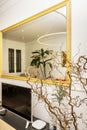 Living room of a home with a large gilt framed mirror above a flat tv and a decorative plant