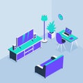 Living room home office with sofa tv and workspace with isometric style