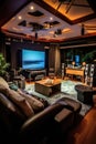 living room with a home theater setup and surround sound speakers Royalty Free Stock Photo
